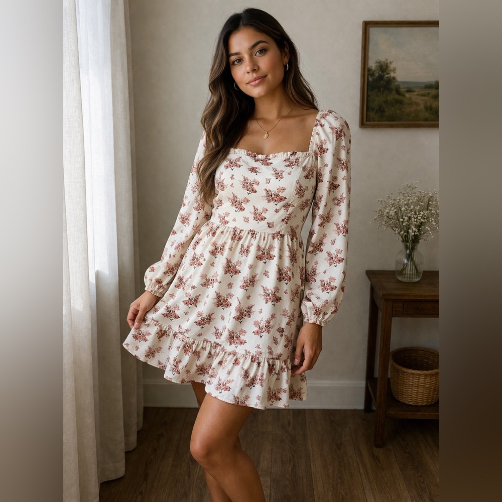 Celebrity Pink Cream Floral Long-Sleeve Square Neck Mini Dress
